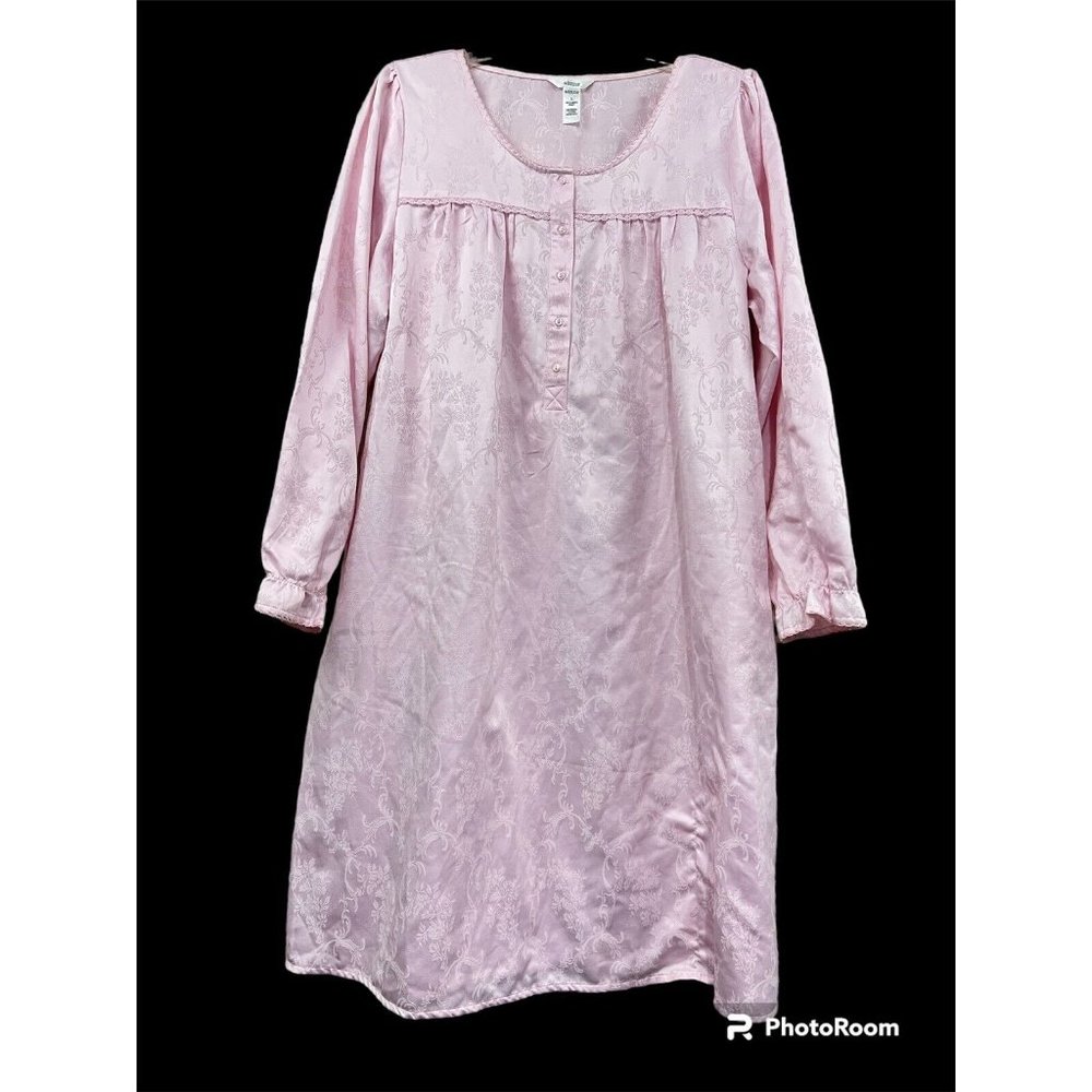 Adonna Nightgown Large Pink‎ Long Sleeves Half Button Front Damask Midi Prairie